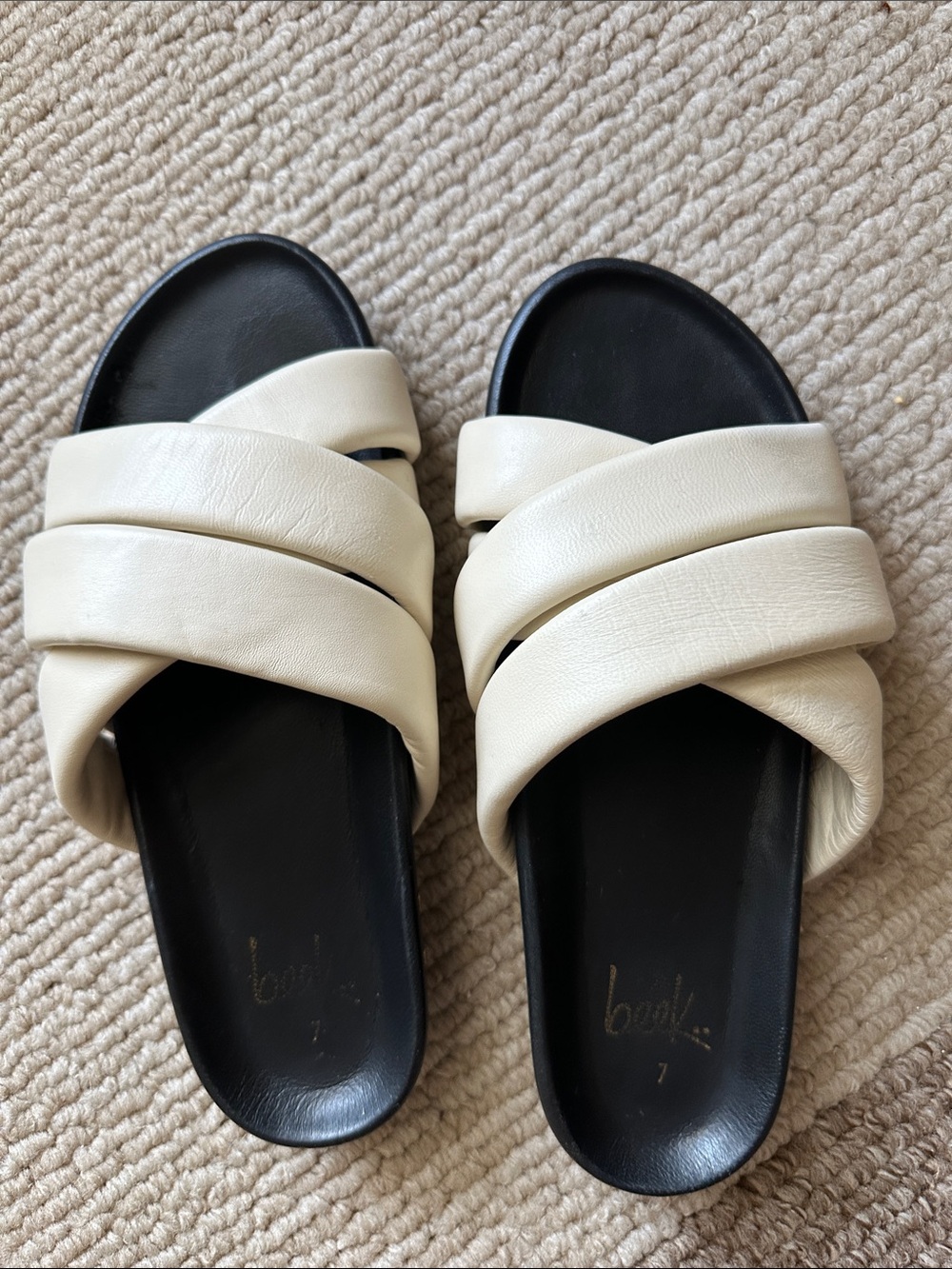 beek Cream Crisscross Slide Sandals with Black Footbed